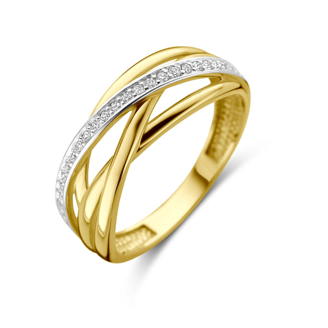 De Van der Kooij Collectie ring zirkonia 14K geelgoud is een damesring met een elegant kriskras ontwerp en een diagonale band van fonkelende zirkonia gezet in wit metaal over geelgoud.
