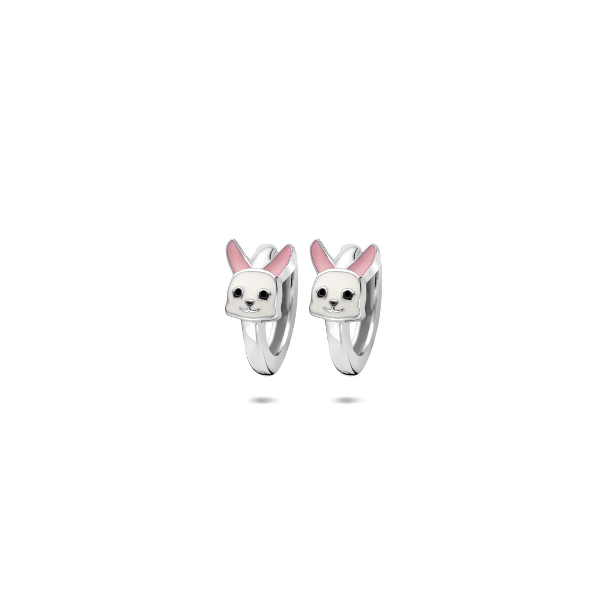 Silberne Klapp-Ohrringe mit emailliertem Hasenmotiv in Rosa und Weiß, 10 x 6 mm