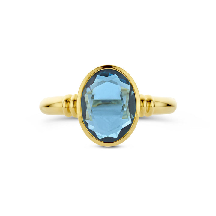 De Van der Kooij Collectie ring london blue topaas 14K geelgoud toont een grote, ovaal geslepen London Blue topaas in een eenvoudige solitaire zetting, gefotografeerd tegen een witte achtergrond.