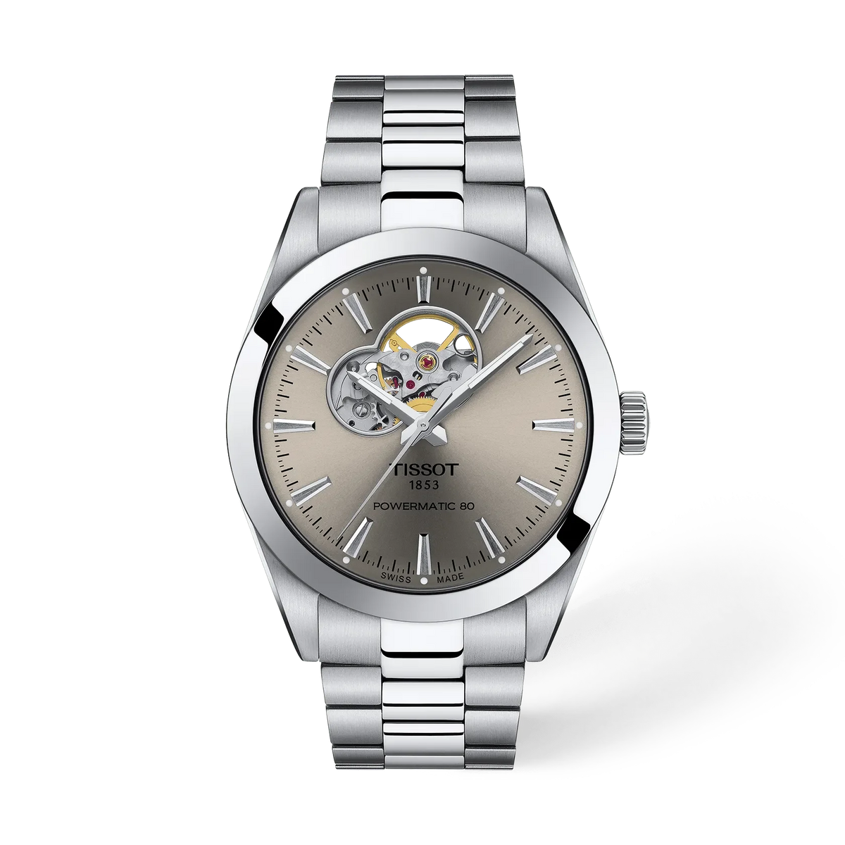 Herrenarmbanduhr mit silbernem Gehäuse, grauem Zifferblatt und offener Herzmechanik