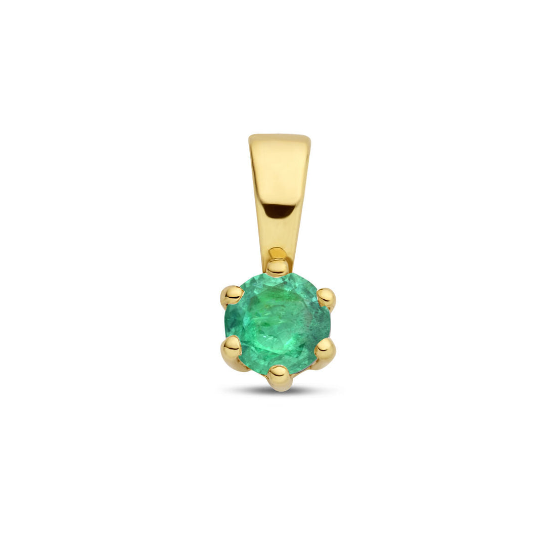 De hanger met geboortesteen 14K geelgoud uit de Van der Kooij Collectie heeft een ronde groene smaragd, gezet in zes gouden pootjes en schitterend op een witte achtergrond.