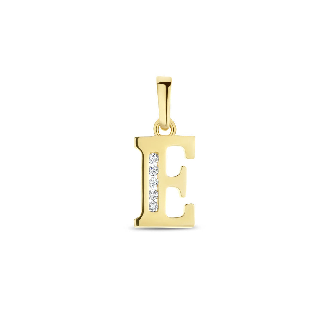 14K geelgouden hanger letter E met zirkonia's aan de linkerkant, op een witte achtergrond. Een verfijnd ontwerp uit de Van der Kooij Collectie.