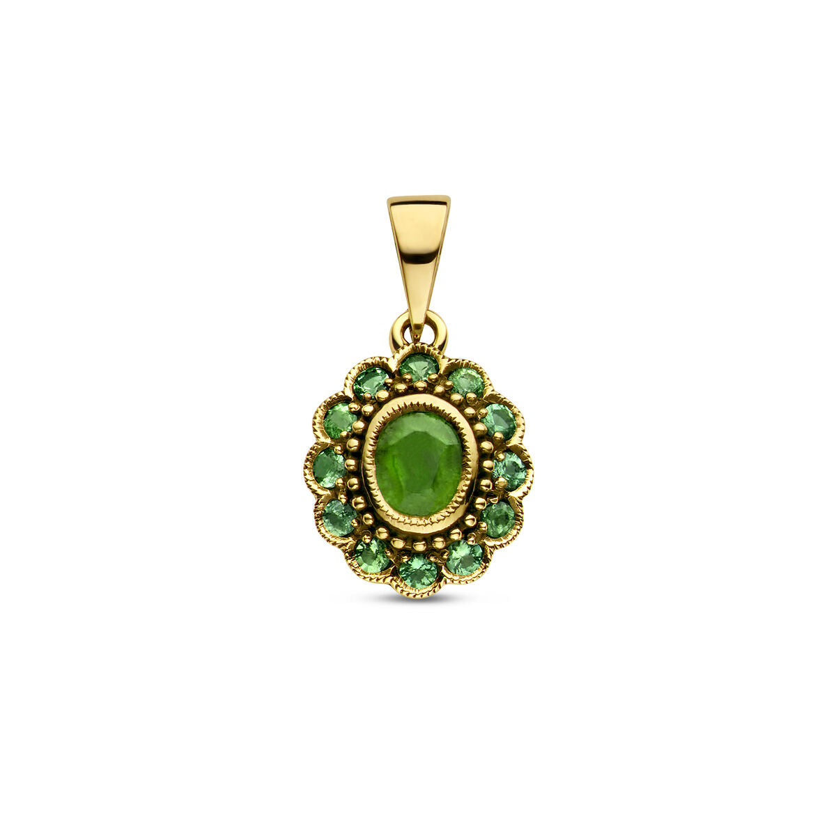 Hänger aus 14K Gelbgold mit ovalem Smaragd und grünen Zirkonia-Steinen