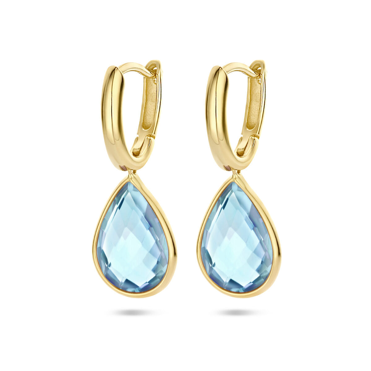 Klapp-Ohrringe aus 14K Gelbgold mit tropfenförmigem blauen Topas