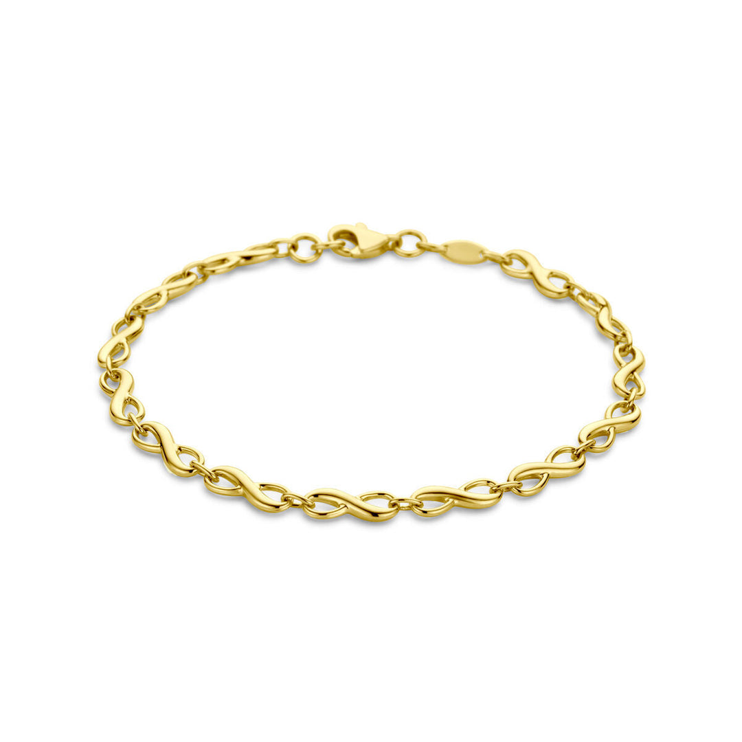 De Gouden armband dames infinity 14K van de Van der Kooij Collectie heeft een in elkaar grijpend infinity schakelpatroon en stevige kreeftsluiting, ideaal als tijdloos vriendschapssieraad op witte achtergrond.