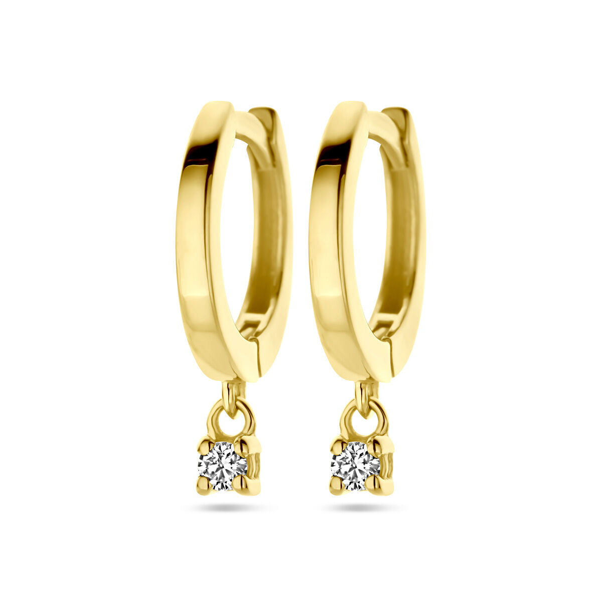 Klapp-Ohrringe aus 14K Gelbgold mit zwei hängenden Diamanten von 0,06 ct (2x 0,03 ct)