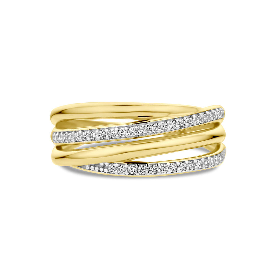De Van der Kooij Collectie ring zirkonia bicolor gestift 14K geelgoud heeft vier overlappende banden, waarvan twee bezet met fonkelende zirkonia, voor een elegante en moderne look.
