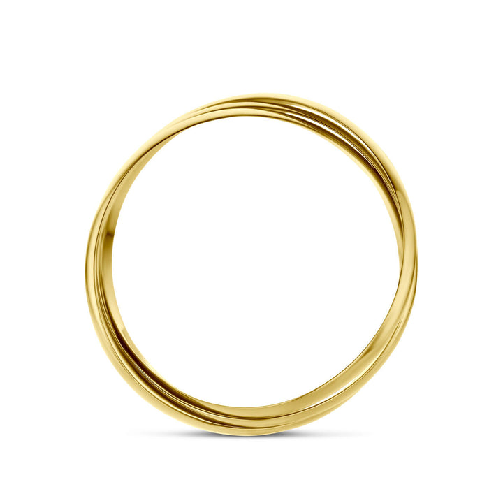 De Van der Kooij Collectie trinity ringen 14K geelgoud heeft twee met elkaar verweven gouden banden in een naadloze cirkel, weergegeven op een effen witte achtergrond.