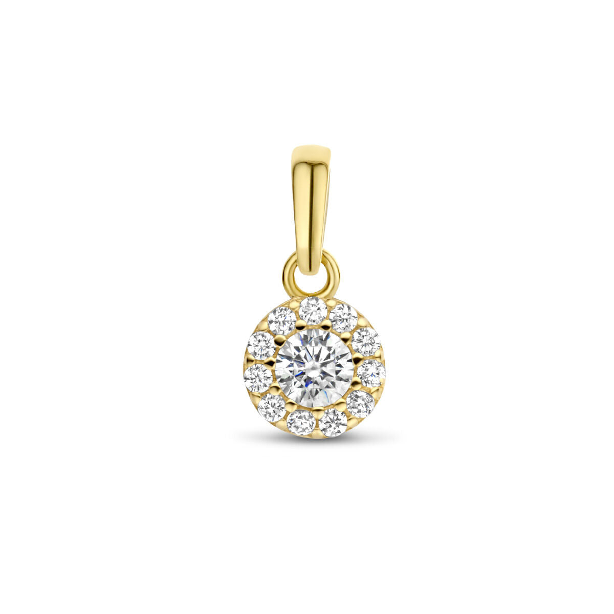 Hänger aus 14K Gelbgold mit Zirkonia-Halo und rundem, funkelndem Edelstein in der Mitte