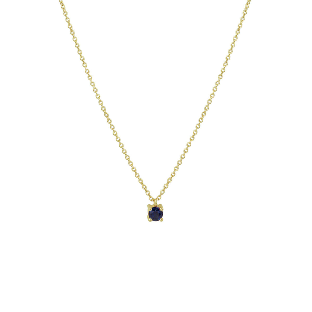 De Van der Kooij Collectie Gouden dames ketting saffier 14K heeft een delicaat gouden anker collier met een enkele ronde donkerblauwe saffier hanger in een gouden prong zetting, afgebeeld op een effen witte achtergrond.