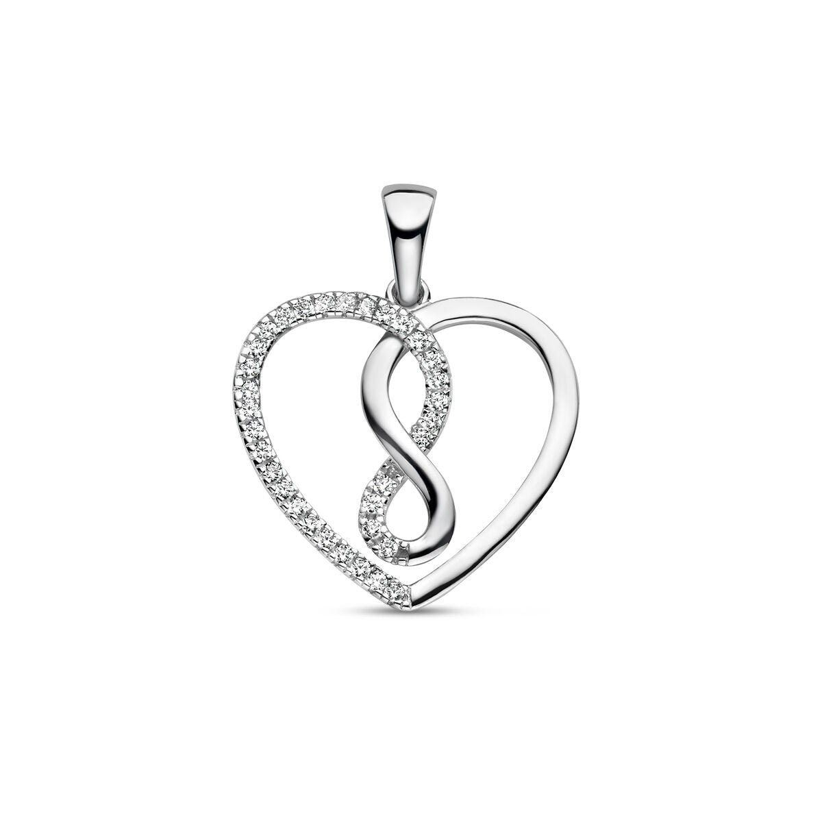 Hänger in Herzform mit Infinity-Symbol, besetzt mit Zirkonia, aus rhodiniertem Silber