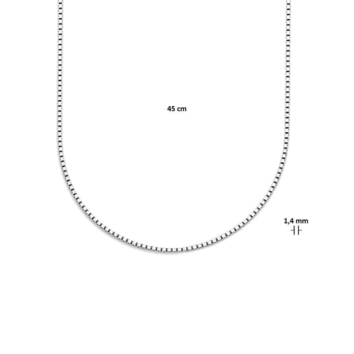 De Van der Kooij Collectie venetiaans collier 1,4 mm wordt in een U-vorm op een witte achtergrond gepresenteerd, is 45 cm lang en 1,4 mm dik, met gemarkeerde afmetingen.