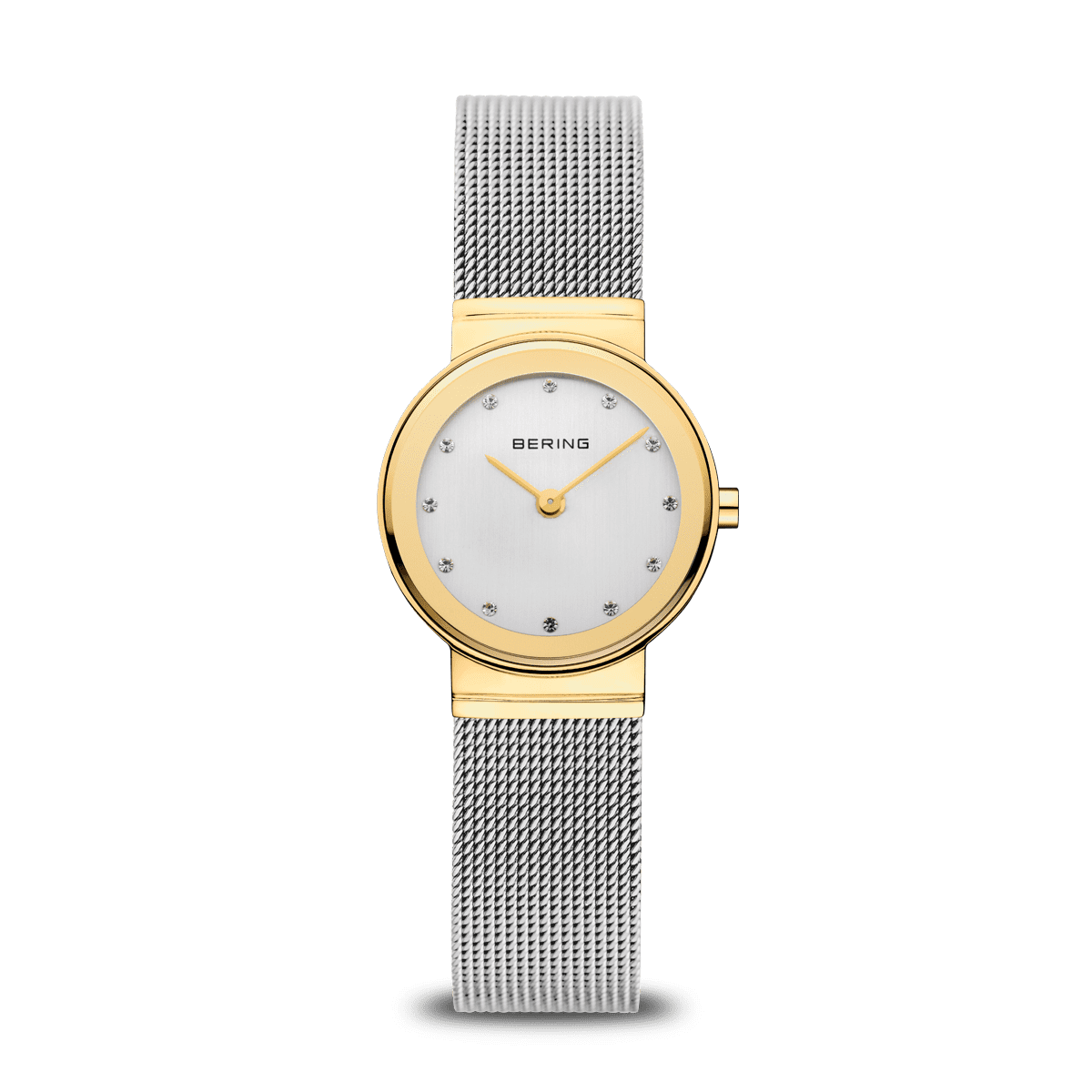 Damenarmbanduhr mit silbernem Zifferblatt, goldfarbenem Gehäuse und Mesh-Armband