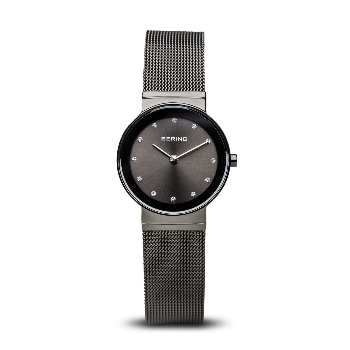 Bering Damenuhr mit anthrazitfarbenem Mesh-Armband, schwarzer Lünette und grauem Zifferblatt mit Kristallindizes.