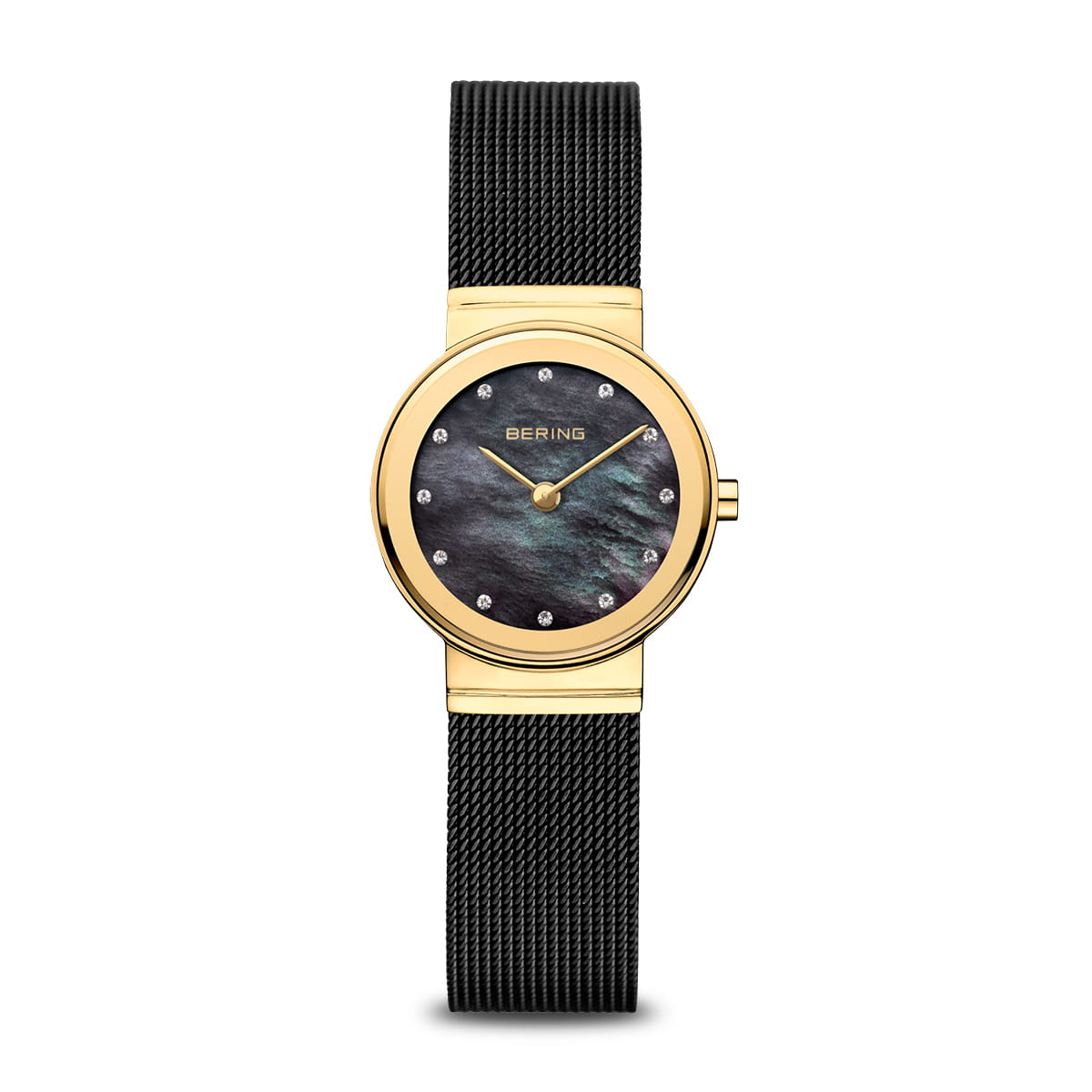 Damenarmbanduhr mit schwarzem Zifferblatt, goldfarbenem Gehäuse und schwarzem Mesh-Armband