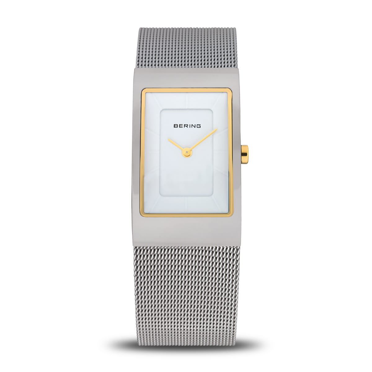 Damenarmbanduhr mit weißem Zifferblatt, silbernem Gehäuse und goldenem Akzent, Mesh-Armband