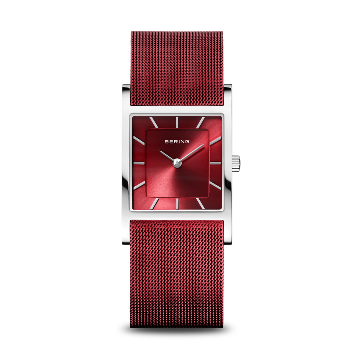 Uhr mit quadratischem Gehäuse, rotem Zifferblatt und rotem Mesh-Armband