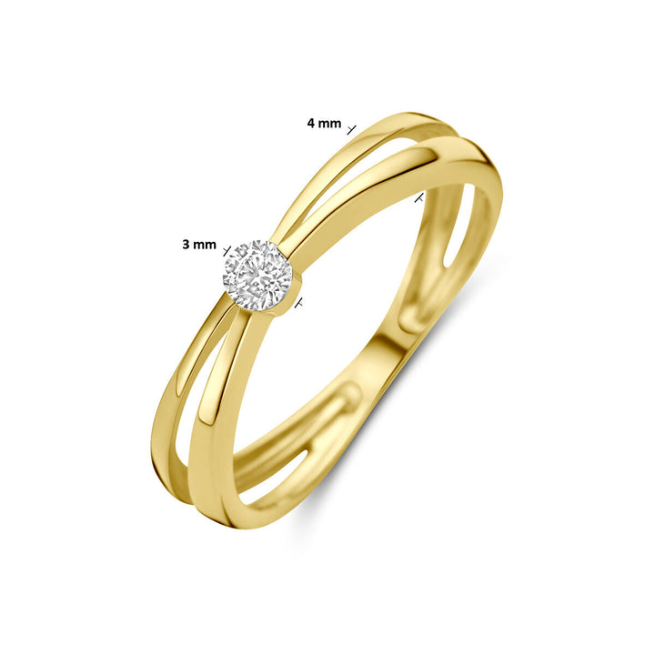 De Van der Kooij Collectie ring zirkonia 14K geelgoud is een damesring met split shank design en ronde zirkonia, 3 mm bij de steen en 4 mm op het breedste punt van de band.