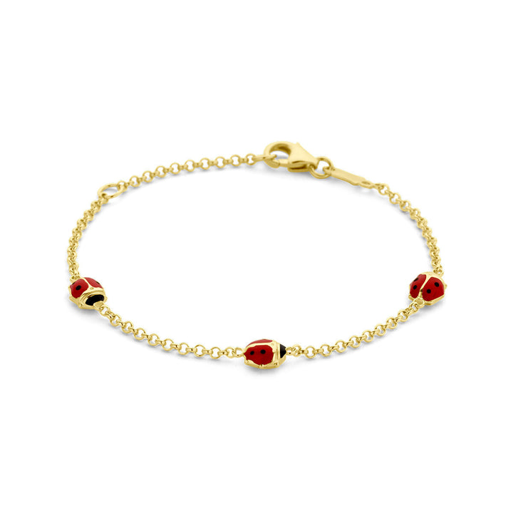 De Van der Kooij Collectie armband lieveheersbeestje 11-13 cm is een 14K geelgouden kinderarmband met drie kleine lieveheersbeestjes bedels en een stevige kreeft sluiting.
