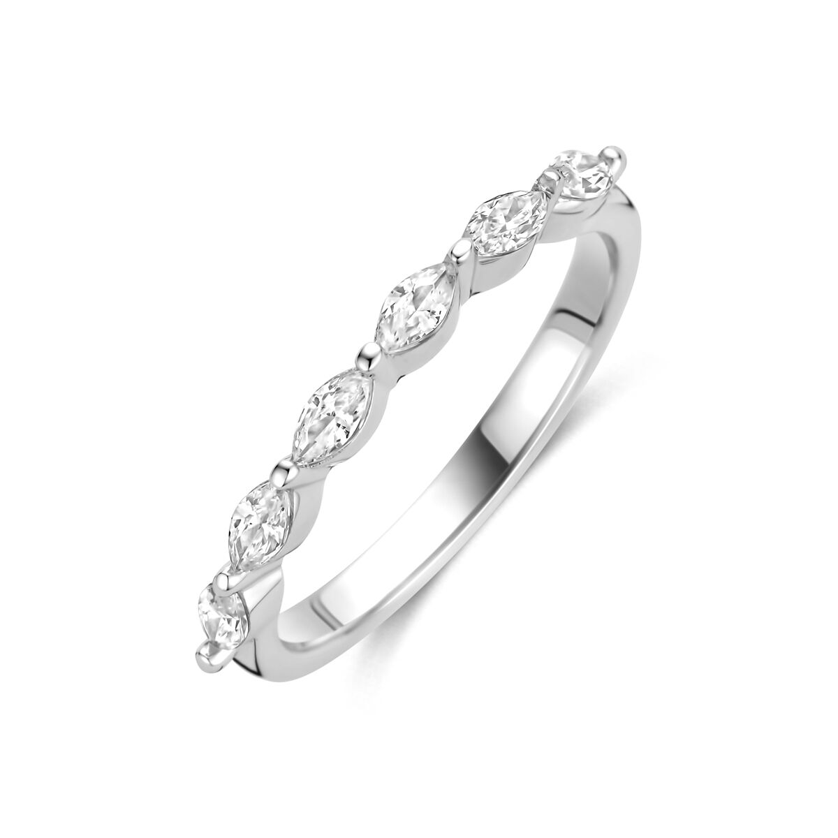 Silberner Damenring aus rhodiniertem 925 Silber mit markisenförmigen Zirkonia-Steinen
