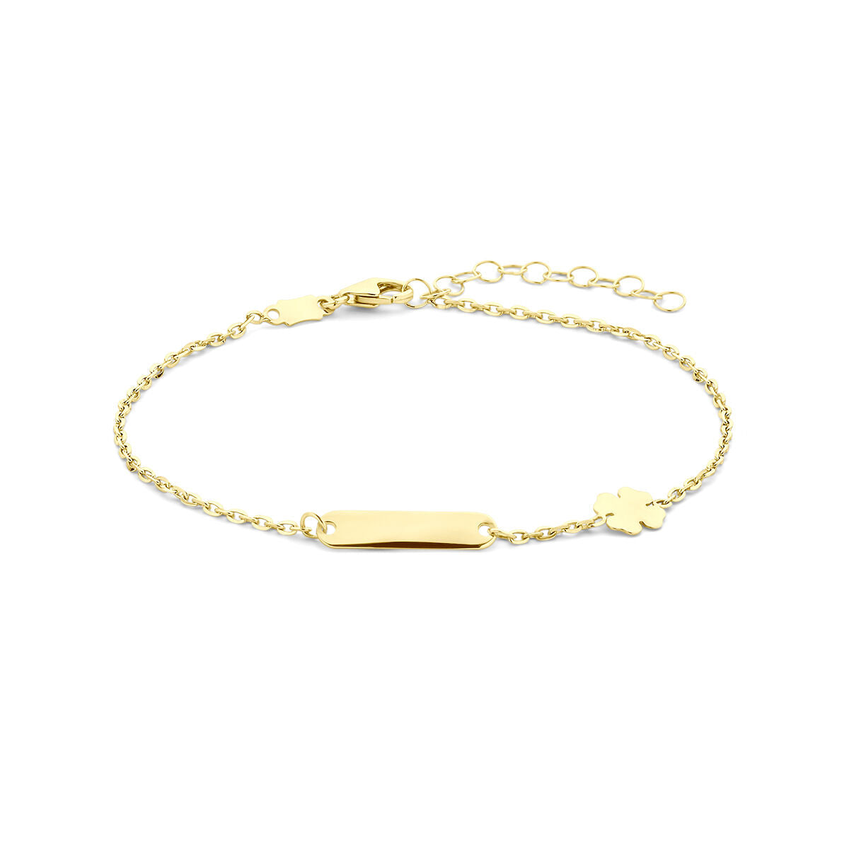 Gravurarmband aus 14K Gelbgold mit 3,5 mm breiter Platte und einem Kleeblatt-Anhänger