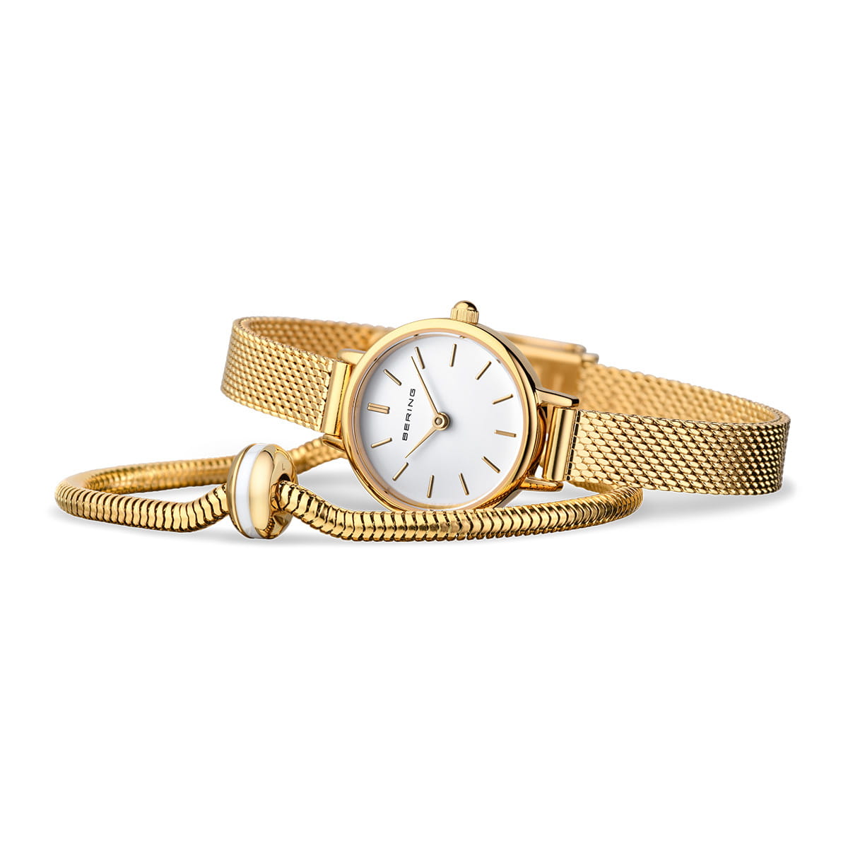 Het Bering 11022-334-Lovely-1-GWP190 dameshorloge heeft een gouden mesh band en een minimalistische witte wijzerplaat met Quartz uurwerk, aangevuld met een bijpassende gouden band met een smalle sluiting om het elegante ontwerp en de kleur te benadrukken.