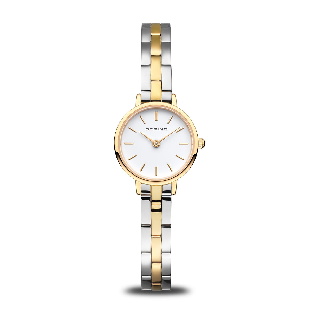 Damenarmbanduhr mit weißem Zifferblatt, goldfarbenem Gehäuse und silbernem sowie goldfarbenem Armband