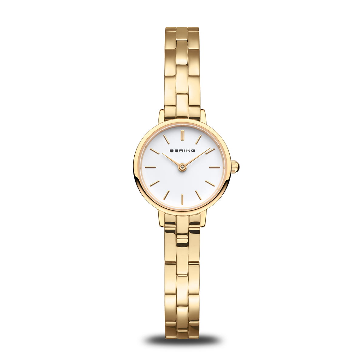 Dameuhr mit goldenem Gehäuse und Armband, weißem Zifferblatt und goldenen Indexen