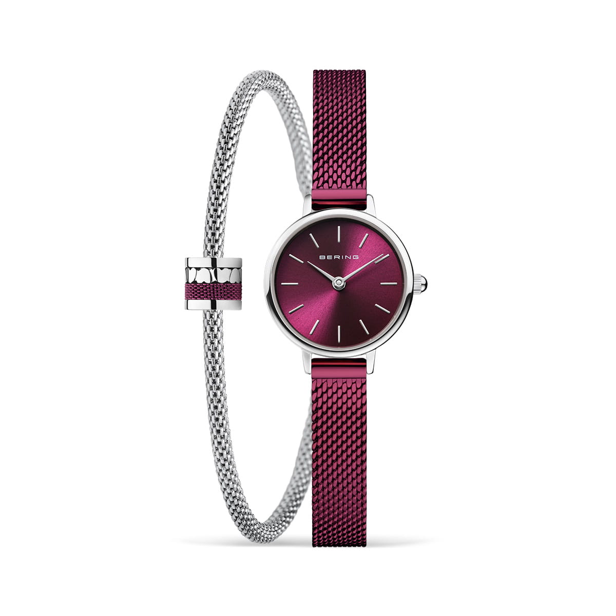 Uhr mit rotem Zifferblatt und silbernem Mesh-Armband