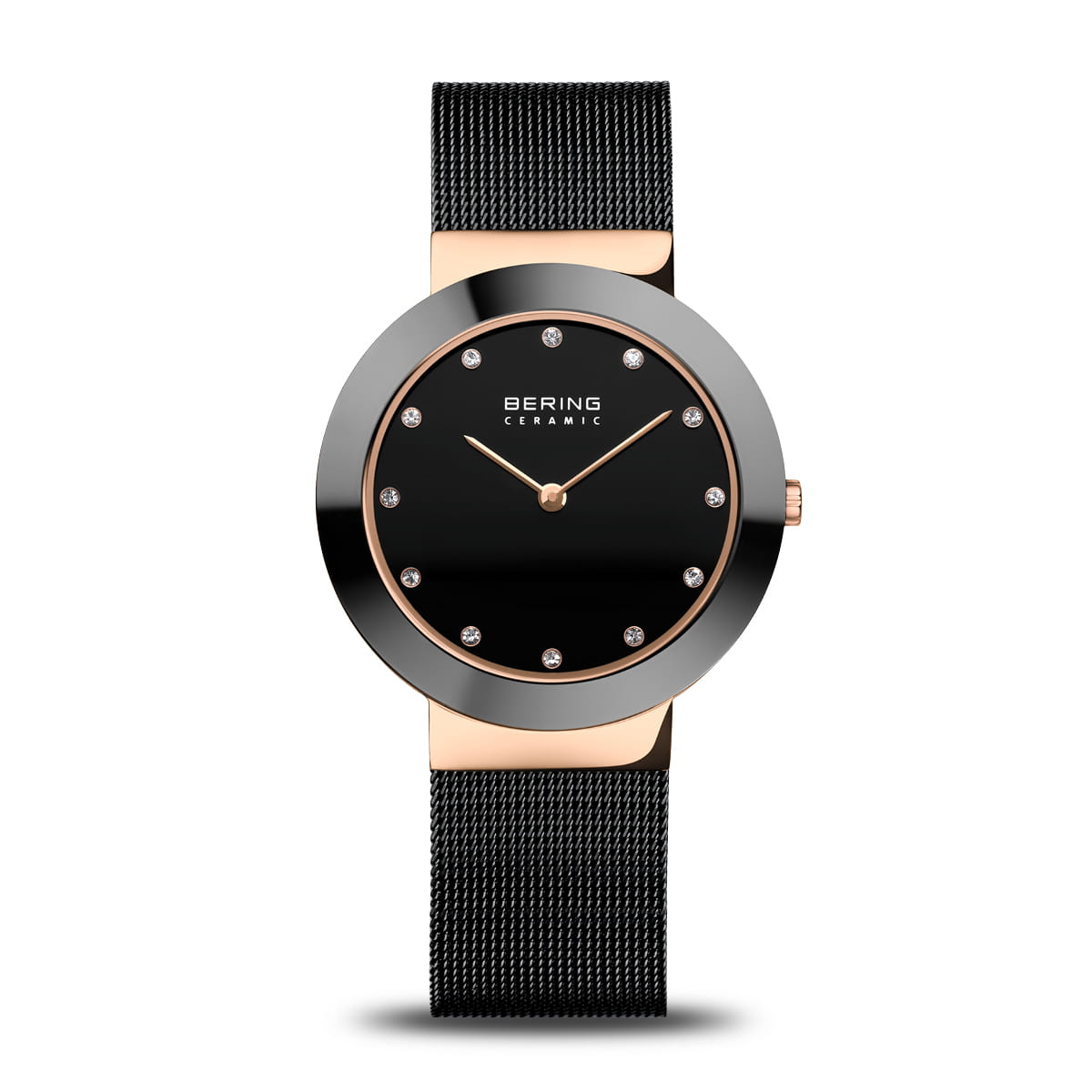 Uhr mit schwarzem Zifferblatt, Gehäuse aus Edelstahl in Roségold und schwarzem Mesh-Armband