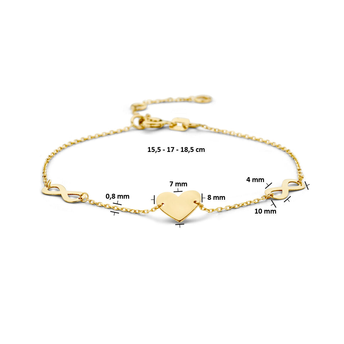 Gouden armband dames hart en infinity 14K van Van der Kooij Collectie, met centraal hartje en infinity symbolen. Lengte 15,5-18,5 cm, hart 7-8 mm, oneindigheid 4x10 mm, kettingdikte 0,8 mm. Perfect Valentijn cadeau!.