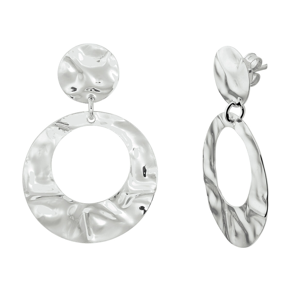 Gehamerte Ohrhänger aus rhodiniertem Silber mit kreisförmigem Design und glänzender Oberfläche