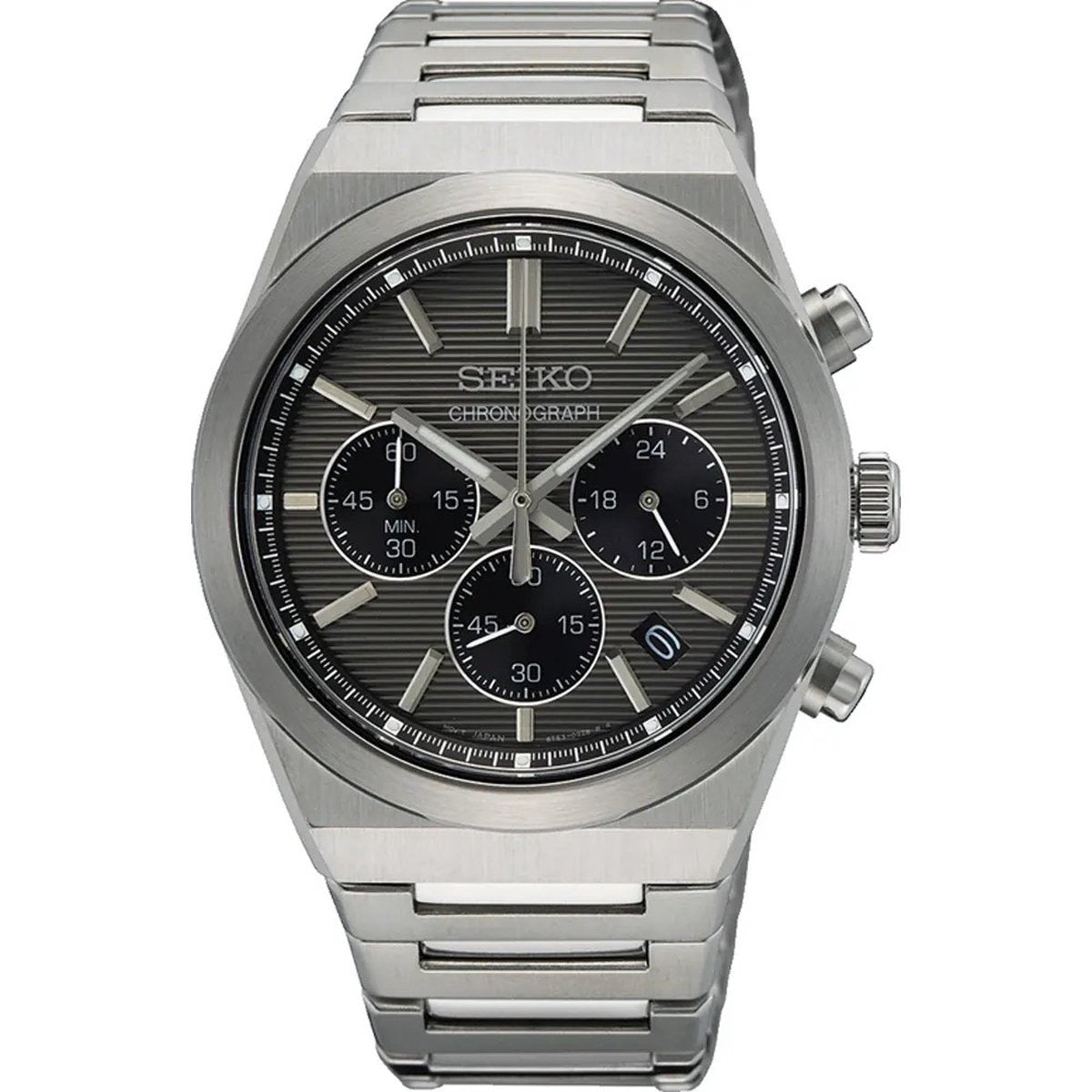 Herrenarmbanduhr mit grauem Zifferblatt, silbernem Gehäuse und Edelstahlarmband, Chronograph mit drei Ziffernblättern