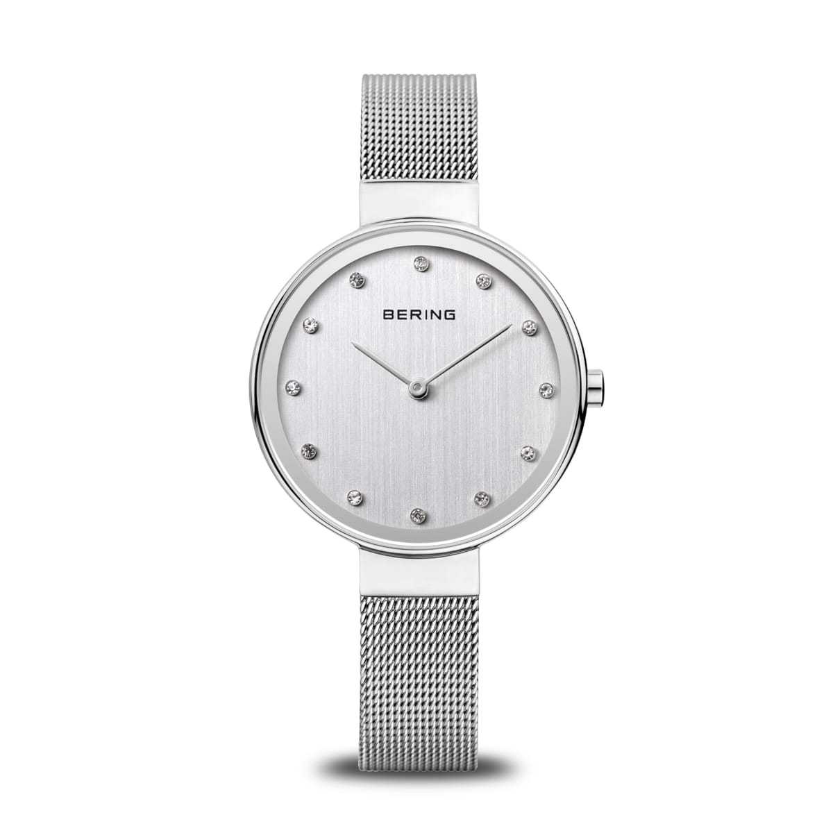 Silberne Uhr mit silbernem Mesh-Armband und silbernem Zifferblatt, besetzt mit Strasssteinen