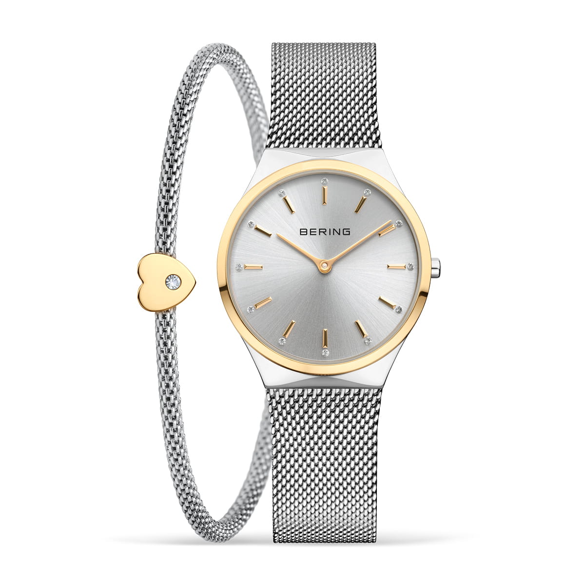 Uhr mit silbernem Zifferblatt, goldenen Zeigern und Mesh-Armband, dazu ein Armband mit Herzanhänger