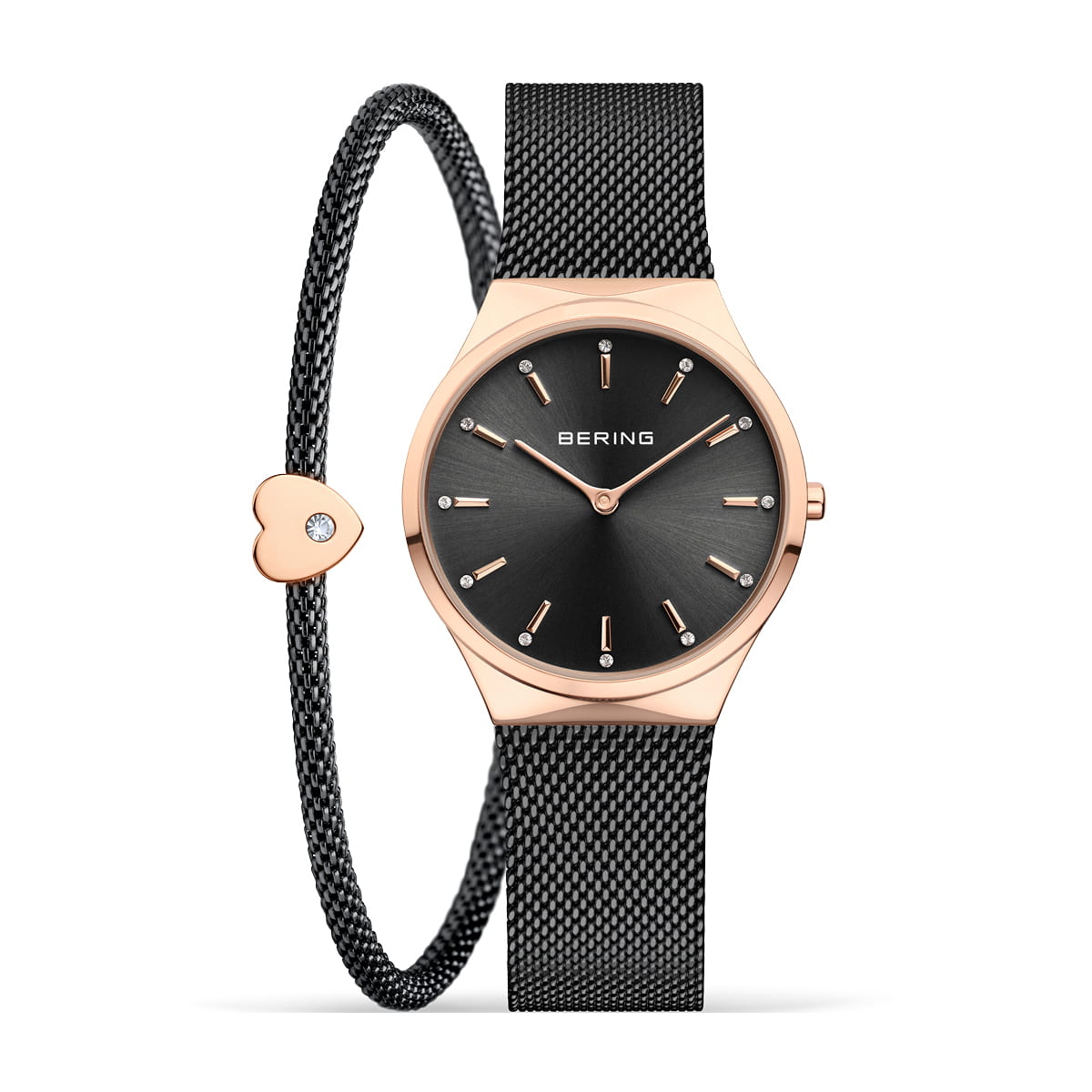 Uhr mit schwarzem Zifferblatt, roségoldenem Gehäuse und Mesh-Armband, dazu ein Armband mit Herzanhänger