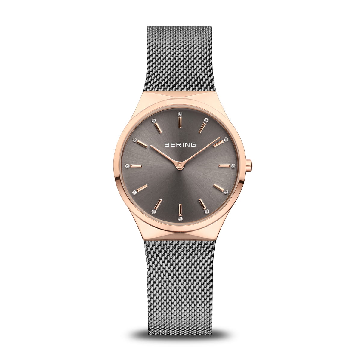 Uhr mit grauem Zifferblatt, roséfarbenem Gehäuse und Mesh-Armband