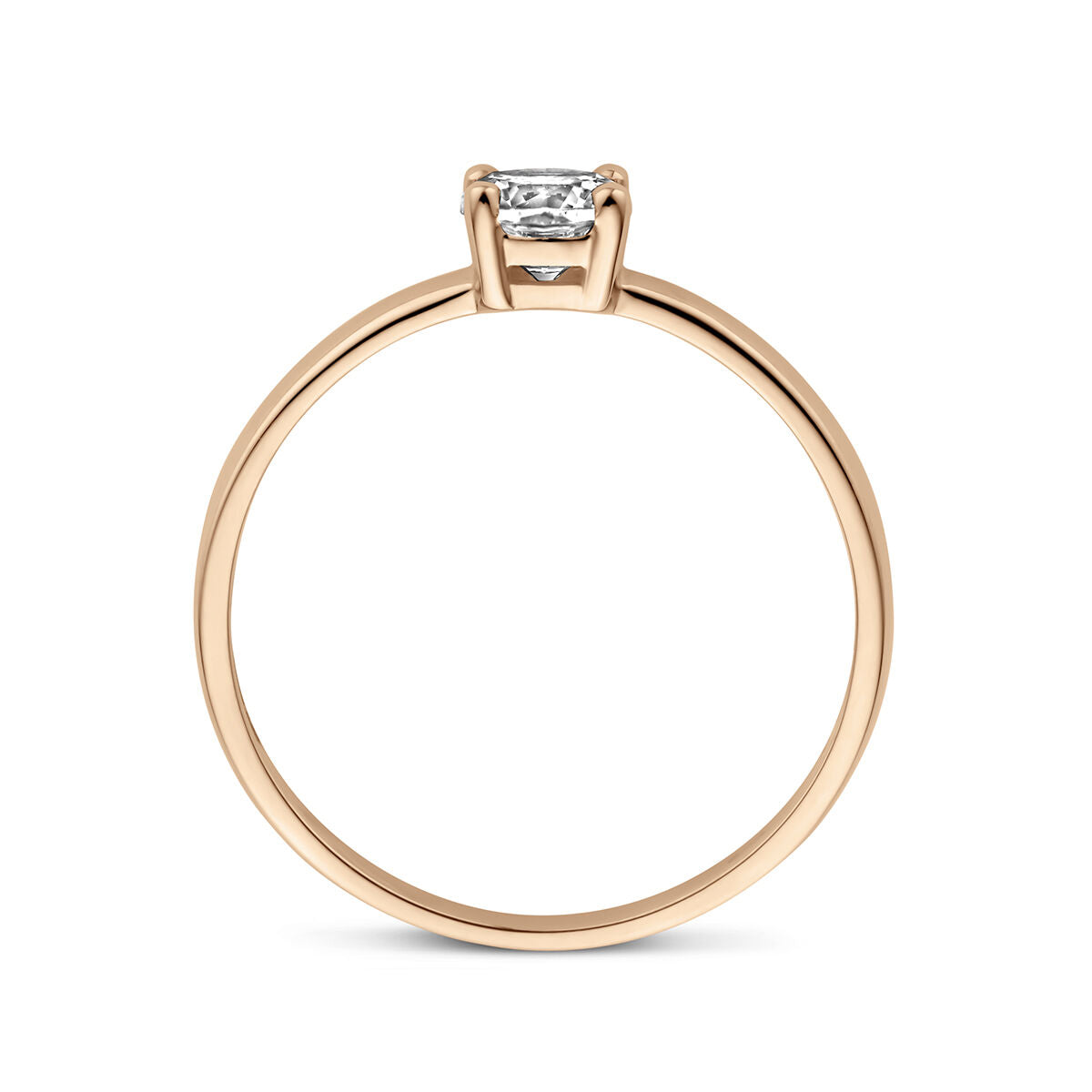 De Van der Kooij Collectie ring zirkonia 14K roségoud is een solitaire ontwerp met een enkele ronde zirkonia gezet in vier tanden, van opzij gezien tegen een witte achtergrond.