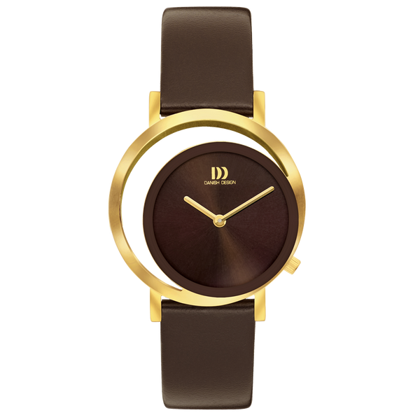 Uhr mit braunem Zifferblatt, goldfarbenem Gehäuse und braunem Lederarmband