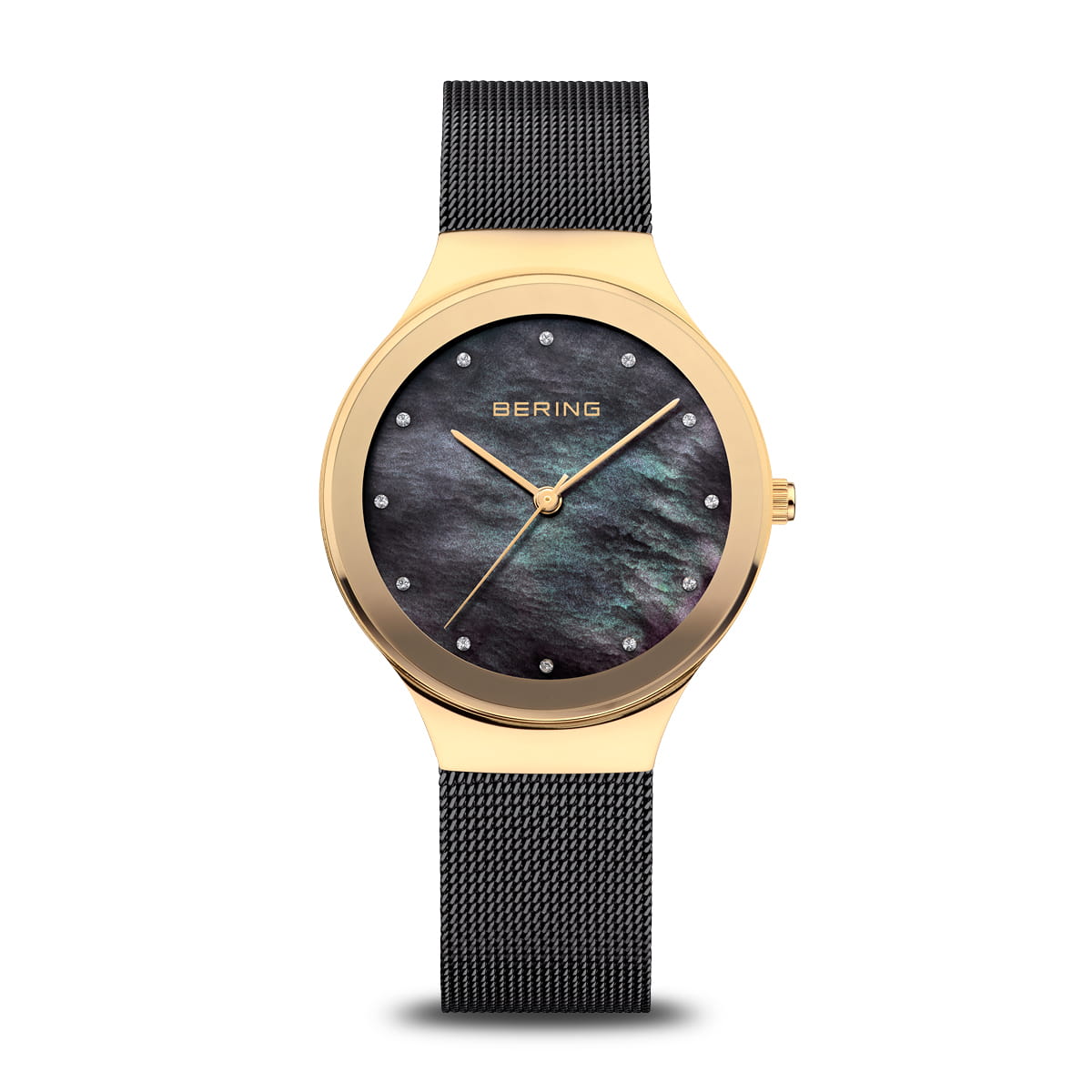 Damenarmbanduhr mit schwarzem Zifferblatt und goldfarbenem Gehäuse, Mesh-Armband