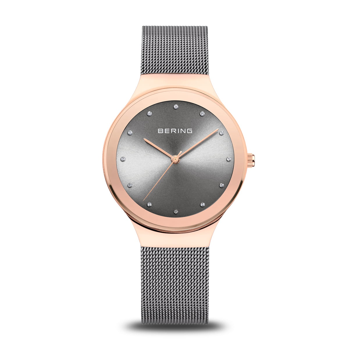 Uhr mit grauem Zifferblatt, roségoldenem Gehäuse und silbernem Mesh-Armband