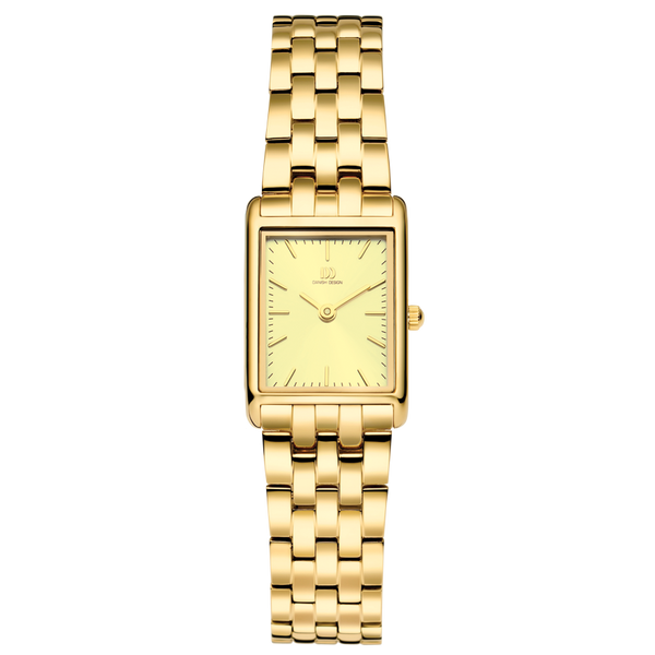 Dameuhr mit goldfarbenem Gehäuse, gelbem Zifferblatt und goldfarbenem Armband aus Metall
