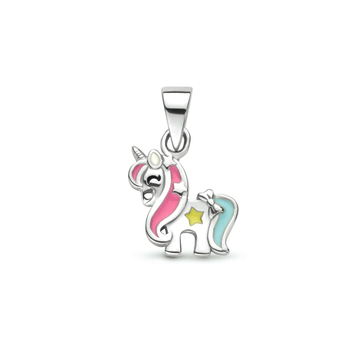 Hängender Einhorn-Anhänger aus rhodiniertem Silber mit bunten Emaille-Details