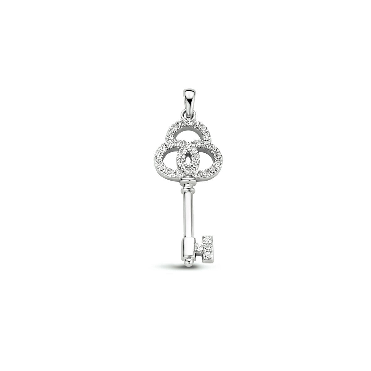 Hänger in Form eines Schlüssels aus rhodiniertem Silber mit Zirkonia-Steinen