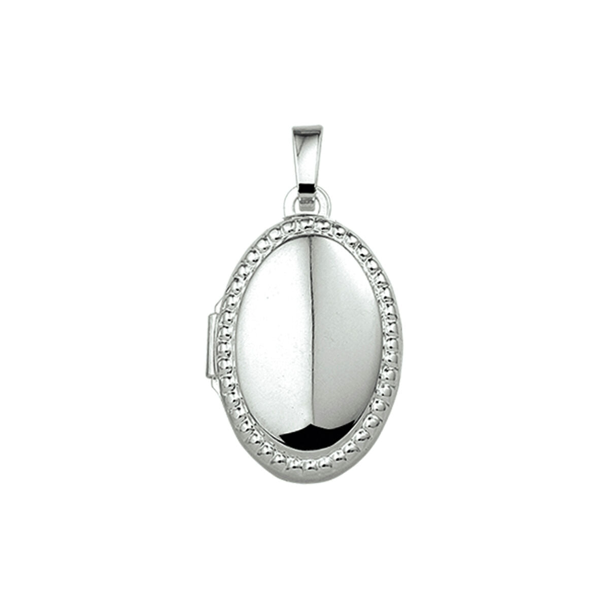Medaillon aus rhodiniertem Silber in ovaler Form mit glatter Oberfläche und feiner Randverzierung