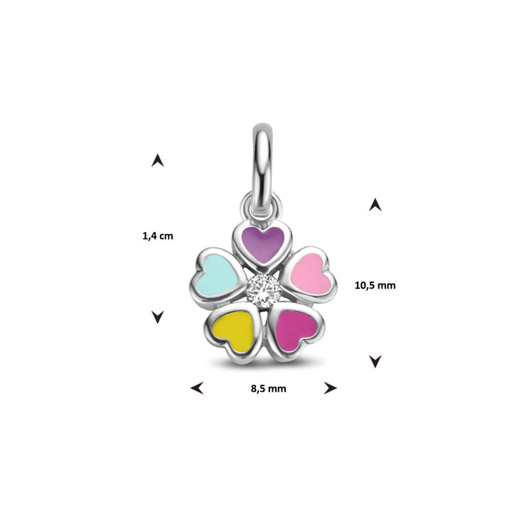 Van der Kooij Collectie hanger bloem zirkonia zilver gehodineerd met zes hartvormige blaadjes in pastelkleuren (blauw, geel, paars, roze, perzik), eland met zirkonia. Afmetingen: 1,4 cm hoog, 8,5 mm breed en 10,5 mm lang.
