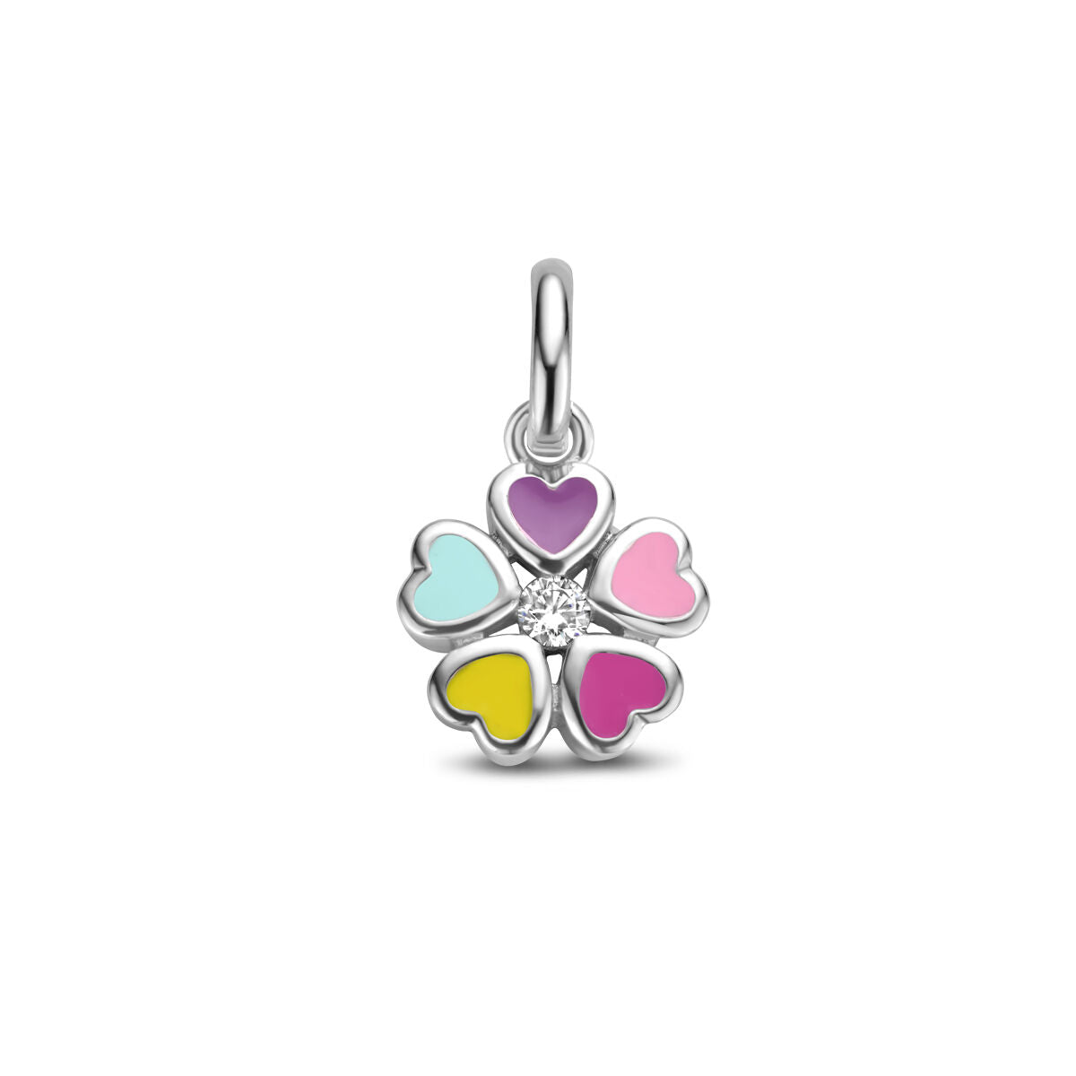 Hänger in Blumenform mit bunten Herzchen und Zirkonia, aus rhodiniertem Silber