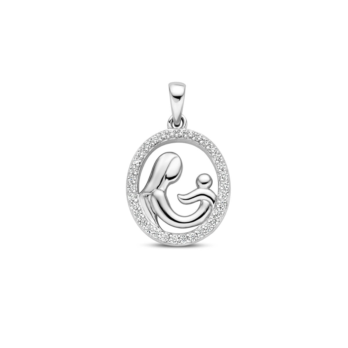 Hänger aus rhodiniertem Silber mit Zirkonia, ovaler Form und Darstellung von Mutter und Kind
