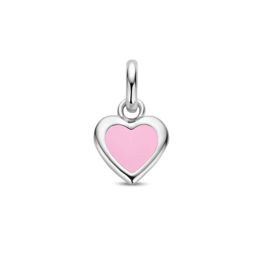 De hanger hart zilver gehodineerd van Van der Kooij Collectie heeft een roze emaille midden en een klein oogje voor een armband of ketting – ideaal voor kinderen, getoond op een witte achtergrond.