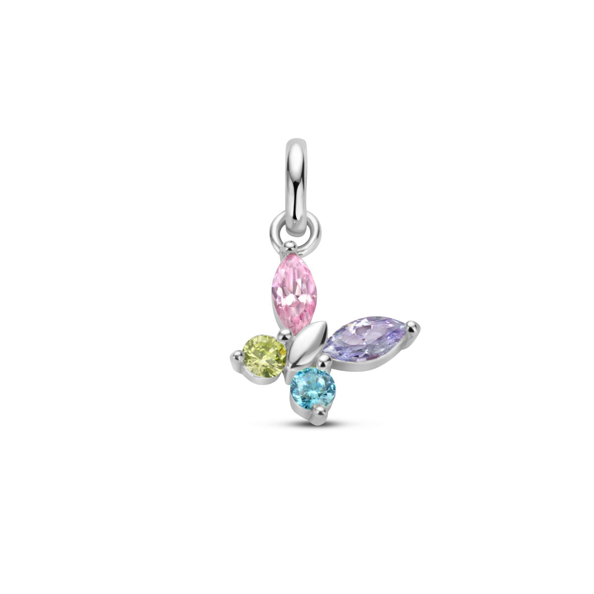 Hänger in Form eines Schmetterlings mit bunten Zirkonia in Rosa, Grün, Blau und Lila, rhodiniertes Silber